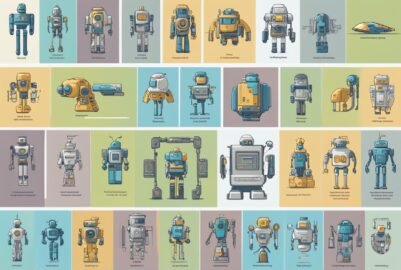 Various AI types are depicted, from basic bots to advanced self-learning systems, showcasing their evolution and capabilities