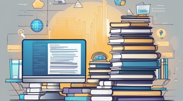 A stack of books and a computer with AI-related websites open, surrounded by scientific journals and research papers